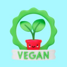 Cartoon 3d render of potted plant in a green circle with vegan printed underneath